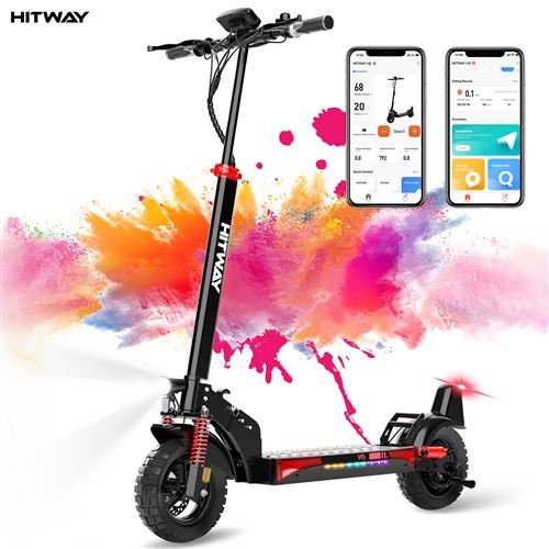Trottinette Électrique Pliable - HITWAY - Pneus Solides 10" - 500W - APP - Batterie 48V 15.6Ah - Scooter Noir&Rouge